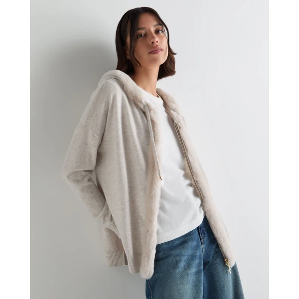 N.Peal Alicia Fur Trim Cashmere Hoodie in Pebble Grey