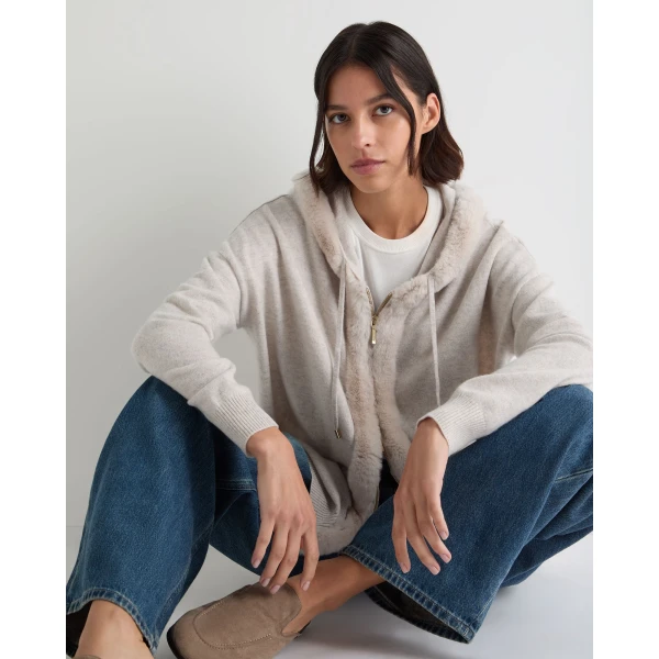 N.Peal Alicia Fur Trim Cashmere Hoodie in Pebble Grey