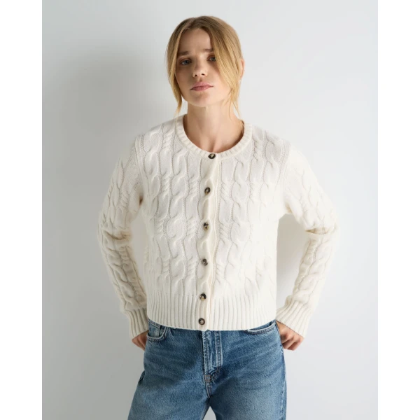 N.Peal Cable Cashmere Cardigan in New Ivory White