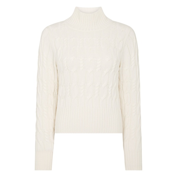 N.Peal Cable Knit Funnel Neck Cashmere Jumper in New Ivory White | Turtlenecks | Luxury Shoes 