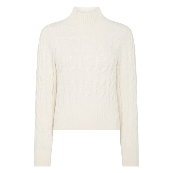 N.Peal Cable Knit Funnel Neck Cashmere Jumper in New Ivory White | Turtlenecks | Luxury Shoes 