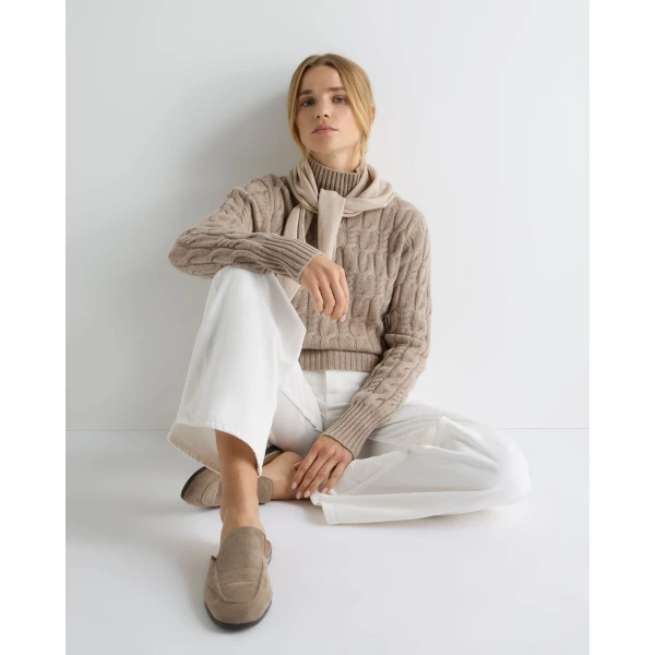 N.Peal Cable Knit Funnel Neck Cashmere Jumper in Oatmeal Brown