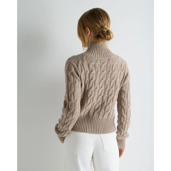 N.Peal Cable Knit Funnel Neck Cashmere Jumper in Oatmeal Brown
