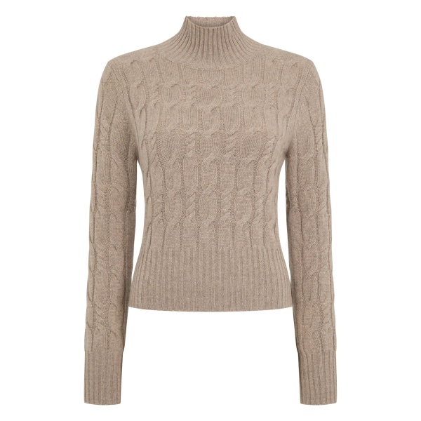 N.Peal Cable Knit Funnel Neck Cashmere Jumper in Oatmeal Brown | Turtlenecks | Luxury Shoes 