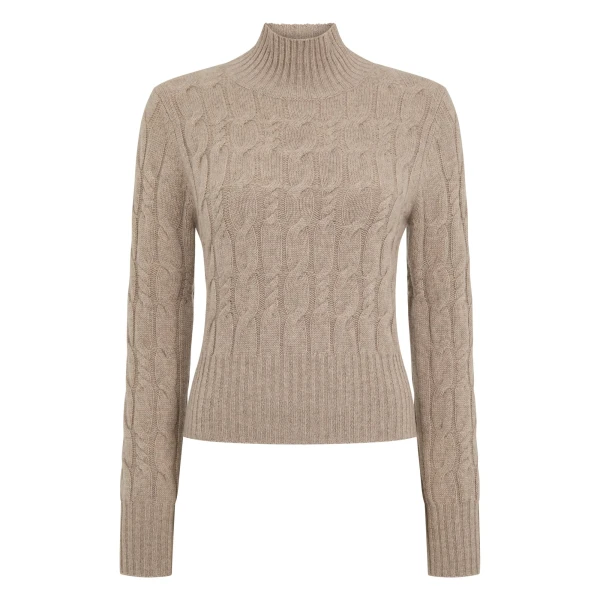 Cable Knit Funnel Neck Cashmere Jumper in Oatmeal Brown