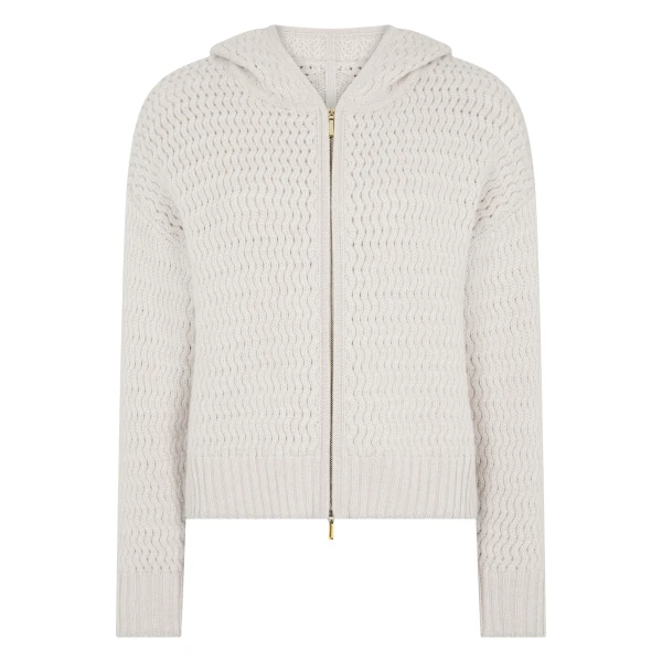 N.Peal Cashmere Chevron Cashmere Hoodie With Lurex in Frost White Sparkle | Hoodies | Luxury Shoes 