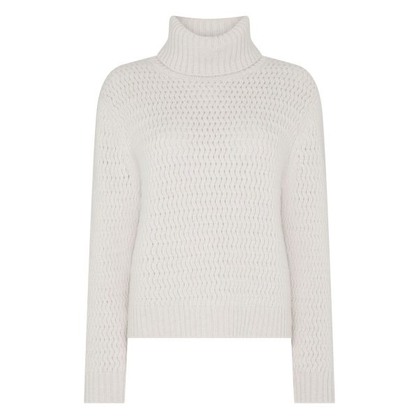 N.Peal Cashmere Chevron Roll Neck Cashmere Jumper With Lurex in Frost White Sparkle | Turtlenecks | Luxury Shoes 