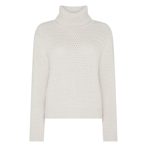 Cashmere Chevron Roll Neck Cashmere Jumper With Lurex in Frost White Sparkle
