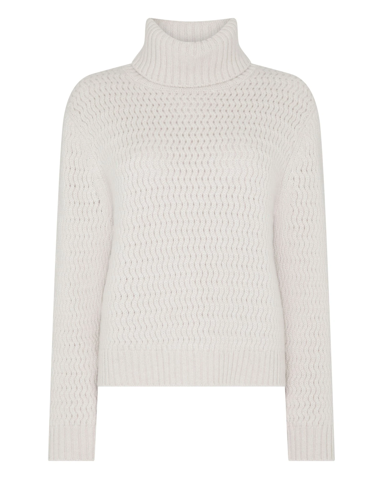 N.Peal Cashmere Chevron Roll Neck Cashmere Jumper With Lurex in Frost White Sparkle N.Peal Cashmere Chevron Roll Neck Cashmere Jumper With Lurex in Frost White Sparkle | Turtlenecks | Luxury Shoes