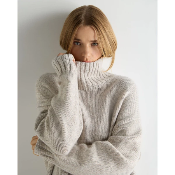 N.Peal Chunky Funnel Neck Cashmere Jumper in Cashmere Grey Melange