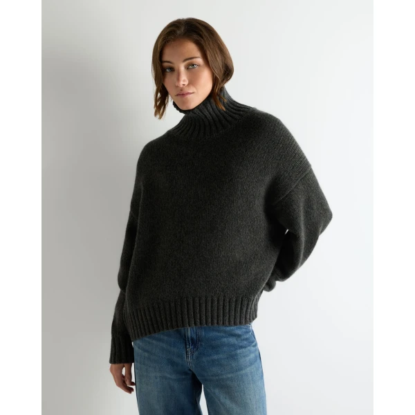 N.Peal Chunky Funnel Neck Cashmere Jumper in Grey Moss Melange