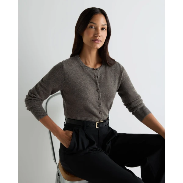 N.Peal Covered Button Cashmere Cardigan in Wood Smoke Brown