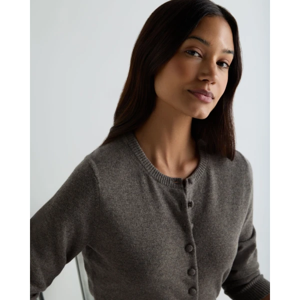 N.Peal Covered Button Cashmere Cardigan in Wood Smoke Brown