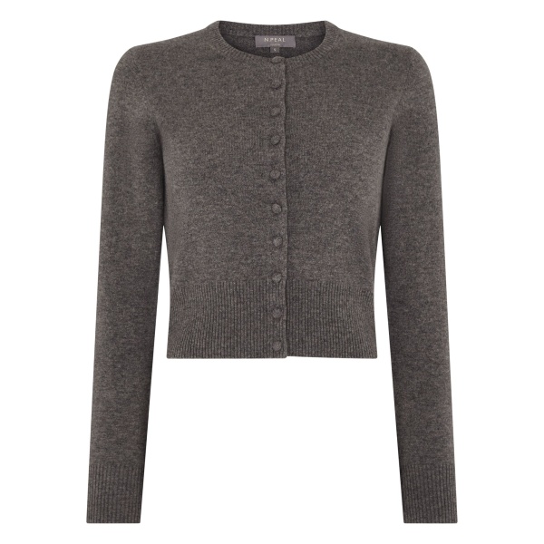 N.Peal Covered Button Cashmere Cardigan in Wood Smoke Brown | Cardigan | Luxury Shoes 