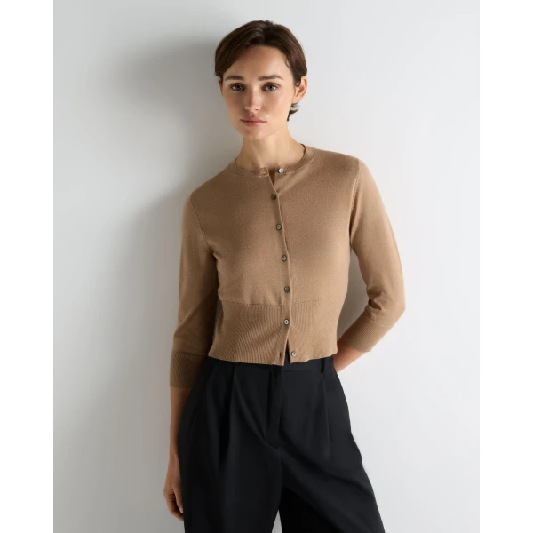 N.Peal Darcie Superfine Cashmere Cropped Cardigan in Caramel Brown