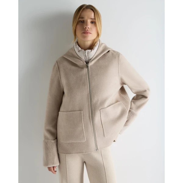 N.Peal Double Layer Jacket With Fur Trim in Beige Brown Dogtooth