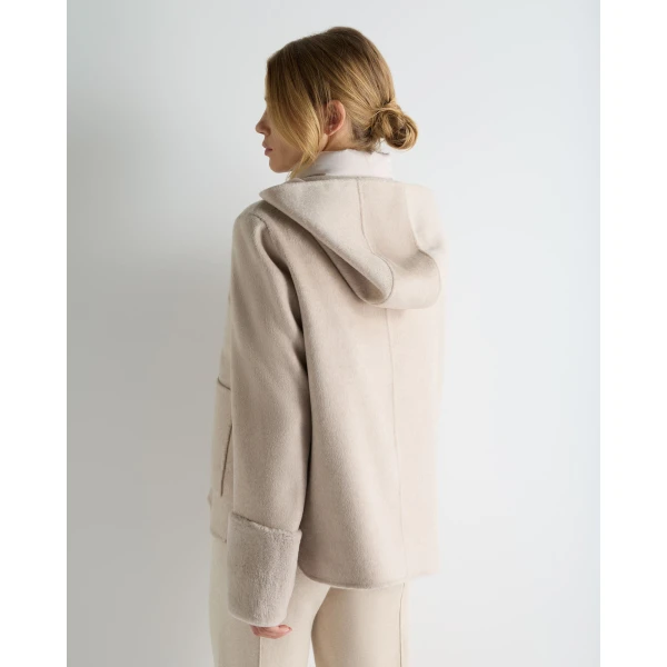 N.Peal Double Layer Jacket With Fur Trim in Beige Brown Dogtooth