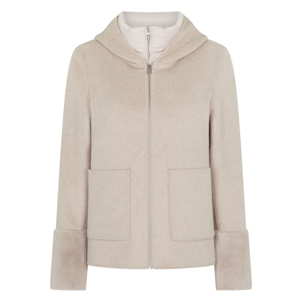 N.Peal Double Layer Jacket With Fur Trim in Beige Brown Dogtooth | Jackets | Luxury Shoes 