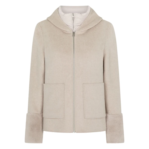 Double Layer Jacket With Fur Trim in Beige Brown Dogtooth