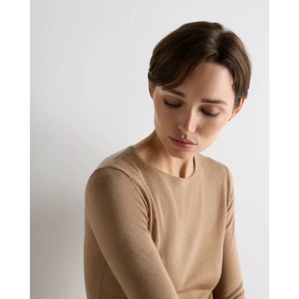 N.Peal Eden Superfine Cashmere Round Neck Top in Caramel Brown