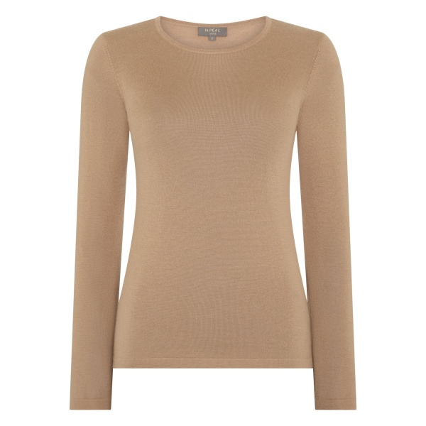 N.Peal Eden Superfine Cashmere Round Neck Top in Caramel Brown | Long Sleeve | Luxury Shoes 