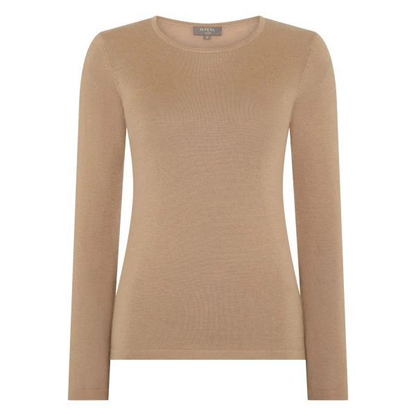 N.Peal Eden Superfine Cashmere Round Neck Top in Caramel Brown | Long Sleeve | Luxury Shoes 