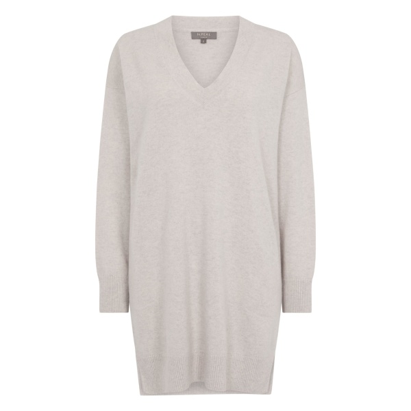 N.Peal Elise Long V Neck Cashmere Tunic in Pebble Grey | Sweaters | Luxury Shoes 