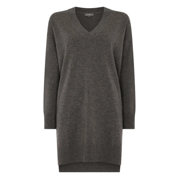 Elise Long V Neck Cashmere Tunic in Wood Smoke Brown