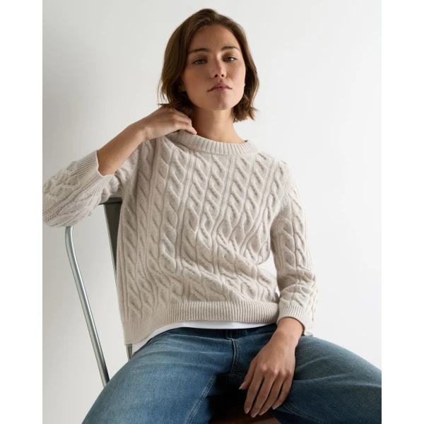 N.Peal Emilia Cable Round Neck Cashmere Jumper With Lurex in Frost White Sparkle