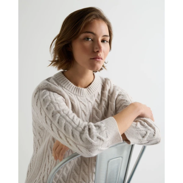 N.Peal Emilia Cable Round Neck Cashmere Jumper With Lurex in Frost White Sparkle
