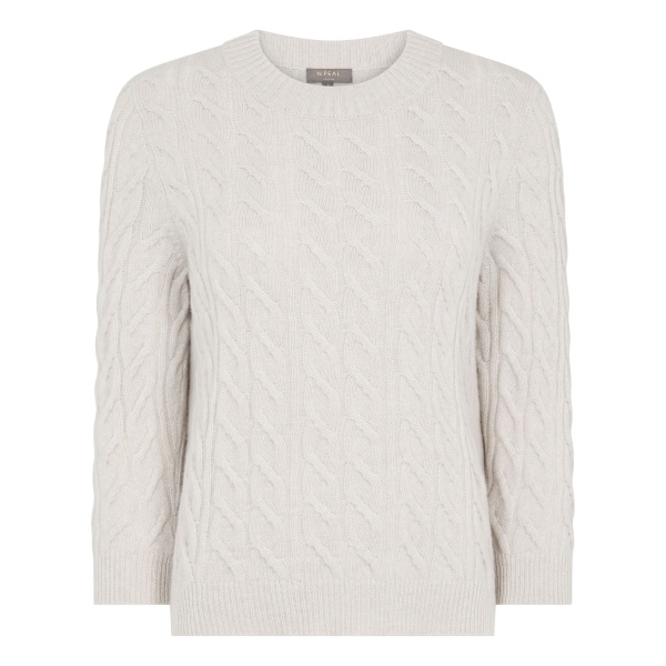 N.Peal Emilia Cable Round Neck Cashmere Jumper With Lurex in Frost White Sparkle | Sweaters | Luxury Shoes 