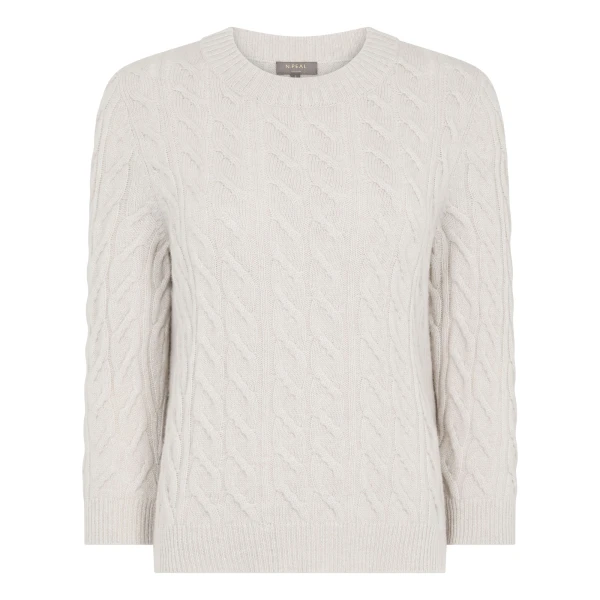 N.Peal Emilia Cable Round Neck Cashmere Jumper With Lurex in Frost White Sparkle | Sweaters | Luxury Shoes 