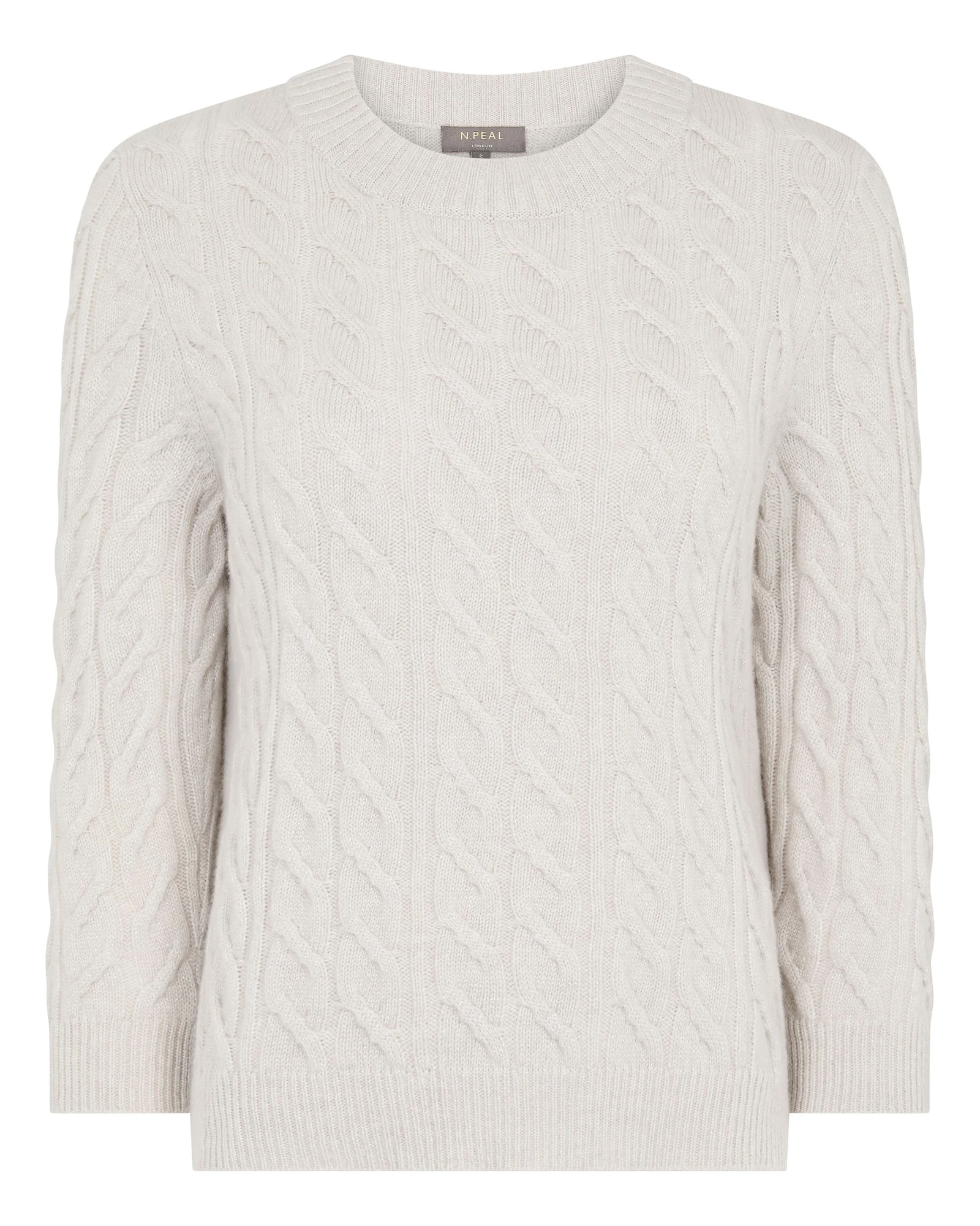 N.Peal Emilia Cable Round Neck Cashmere Jumper With Lurex in Frost White Sparkle N.Peal Emilia Cable Round Neck Cashmere Jumper With Lurex in Frost White Sparkle | Sweaters | Luxury Shoes