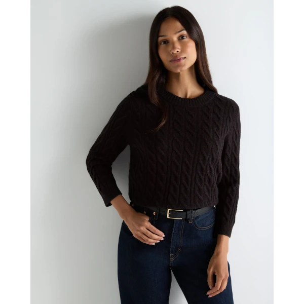 N.Peal Emilia Cable Round Neck Cashmere Jumper in Cocoa Brown