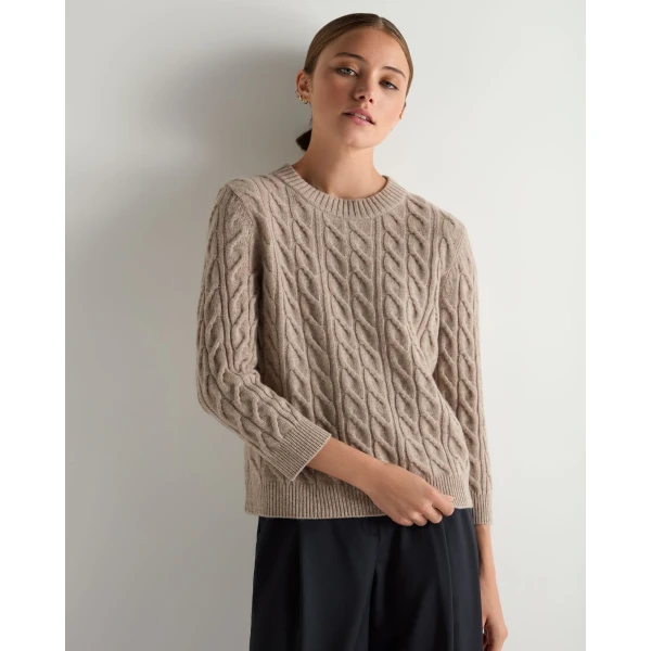 N.Peal Emilia Cable Round Neck Cashmere Jumper in Oatmeal Brown
