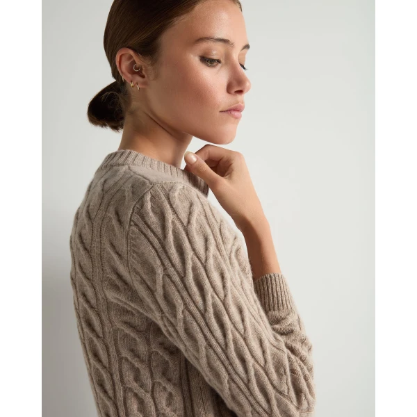 N.Peal Emilia Cable Round Neck Cashmere Jumper in Oatmeal Brown