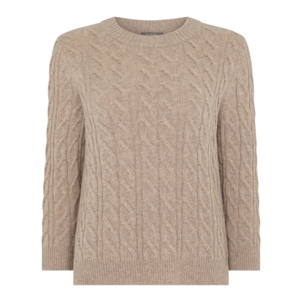 N.Peal Emilia Cable Round Neck Cashmere Jumper in Oatmeal Brown | Sweaters | Luxury Shoes 