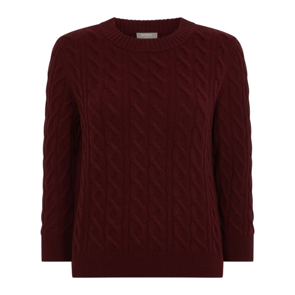 N.Peal Emilia Cable Round Neck Cashmere Jumper in Rustic Red | Sweaters | Luxury Shoes 