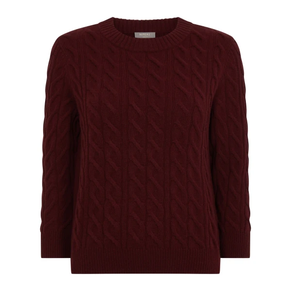 N.Peal Emilia Cable Round Neck Cashmere Jumper in Rustic Red | Sweaters | Luxury Shoes 