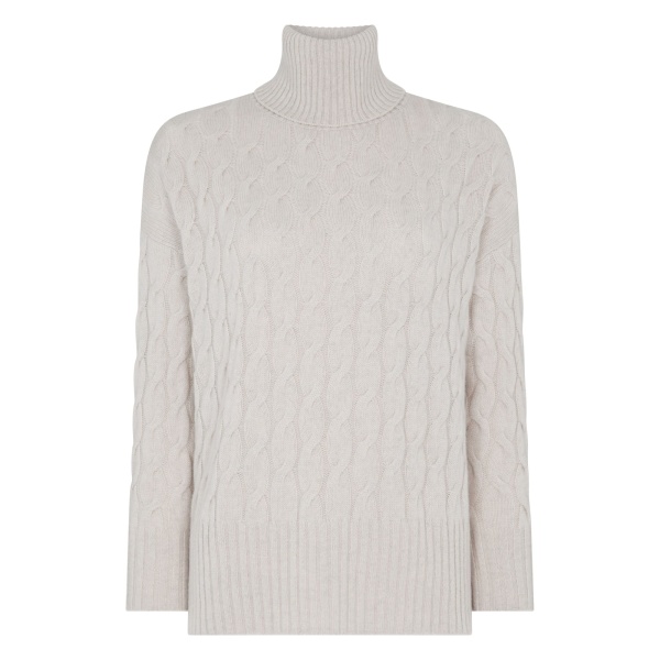 N.Peal Emmie Relaxed Cable Roll Neck Cashmere Jumper in Arctic Grey Melange | Turtlenecks | Luxury Shoes 