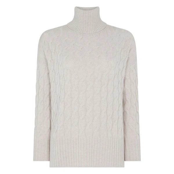Emmie Relaxed Cable Roll Neck Cashmere Jumper in Arctic Grey Melange