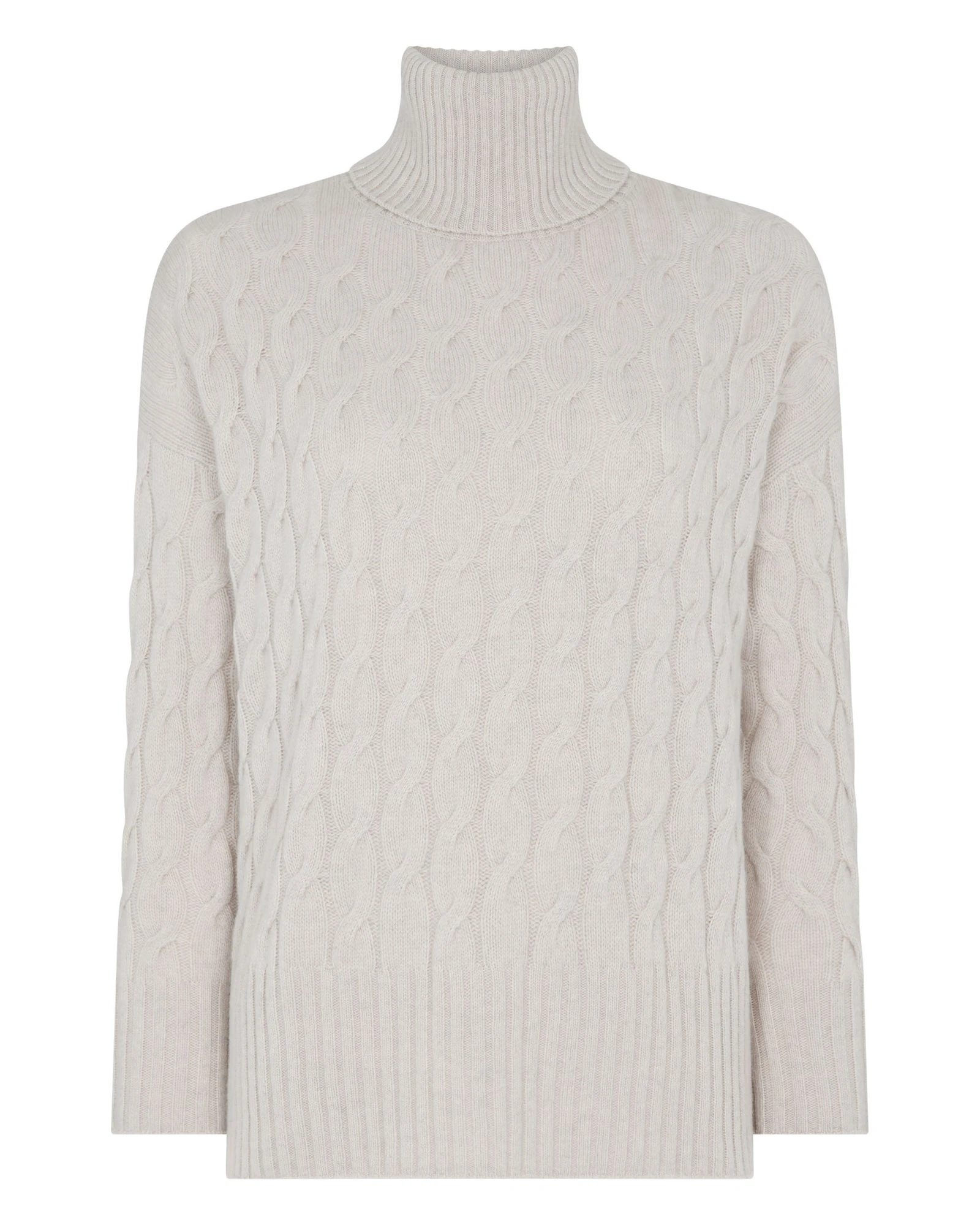 N.Peal Emmie Relaxed Cable Roll Neck Cashmere Jumper in Arctic Grey Melange N.Peal Emmie Relaxed Cable Roll Neck Cashmere Jumper in Arctic Grey Melange | Turtlenecks | Luxury Shoes