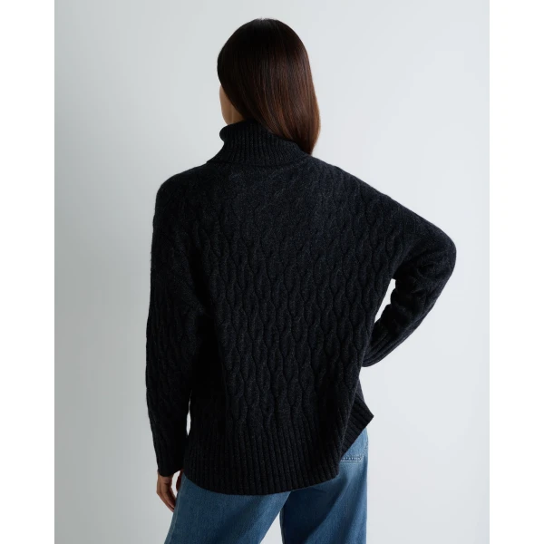 N.Peal Emmie Relaxed Cable Roll Neck Cashmere Jumper in Ink Blue Melange