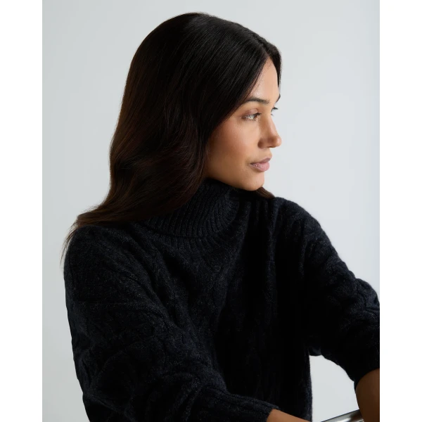 N.Peal Emmie Relaxed Cable Roll Neck Cashmere Jumper in Ink Blue Melange