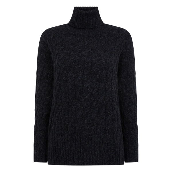 N.Peal Emmie Relaxed Cable Roll Neck Cashmere Jumper in Ink Blue Melange | Turtlenecks | Luxury Shoes 