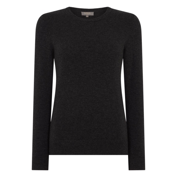 N.Peal Evie Classic Round Neck Cashmere Jumper in Deep Charcoal Grey | Sweaters | Luxury Shoes 