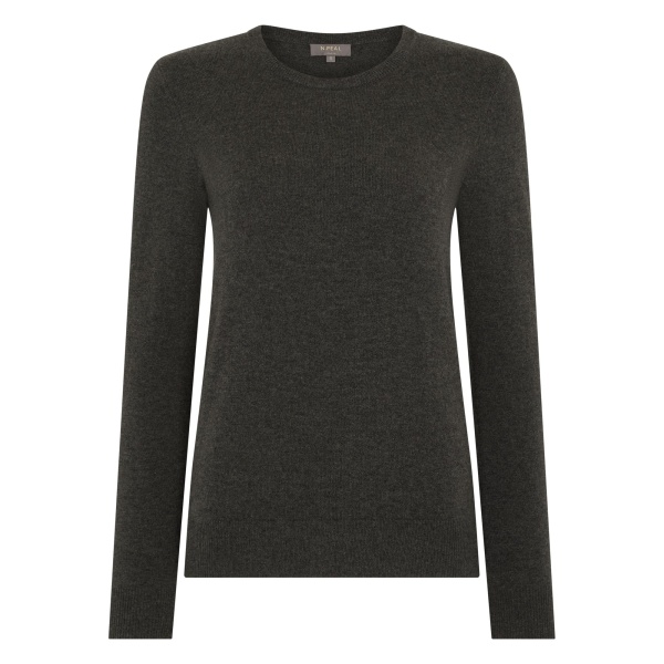 N.Peal Evie Classic Round Neck Cashmere Jumper in Grey Moss | Sweaters | Luxury Shoes 