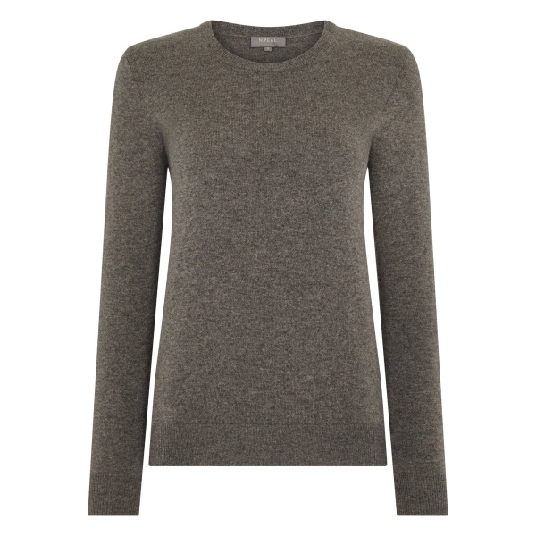 N.Peal Evie Classic Round Neck Cashmere Jumper in Wood Smoke Brown | Sweaters | Luxury Shoes 