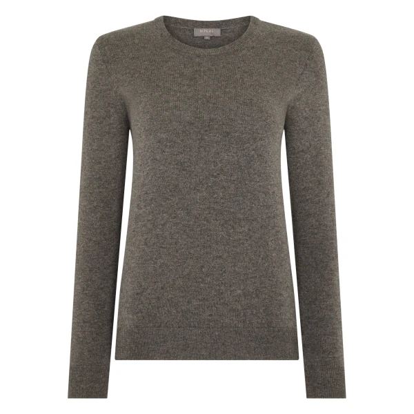 N.Peal Evie Classic Round Neck Cashmere Jumper in Wood Smoke Brown | Sweaters | Luxury Shoes 