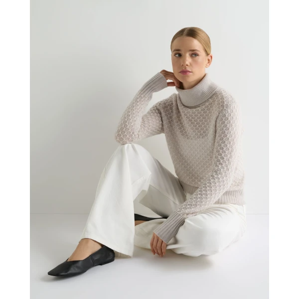 N.Peal Fairisle Cashmere Roll Neck Cashmere Jumper With Lurex in Snow Grey